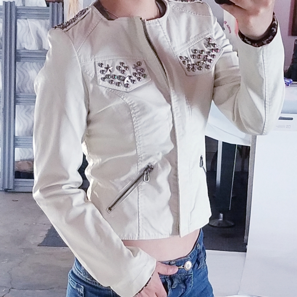 White Vegan Studded Leather Jacket (size: S)
